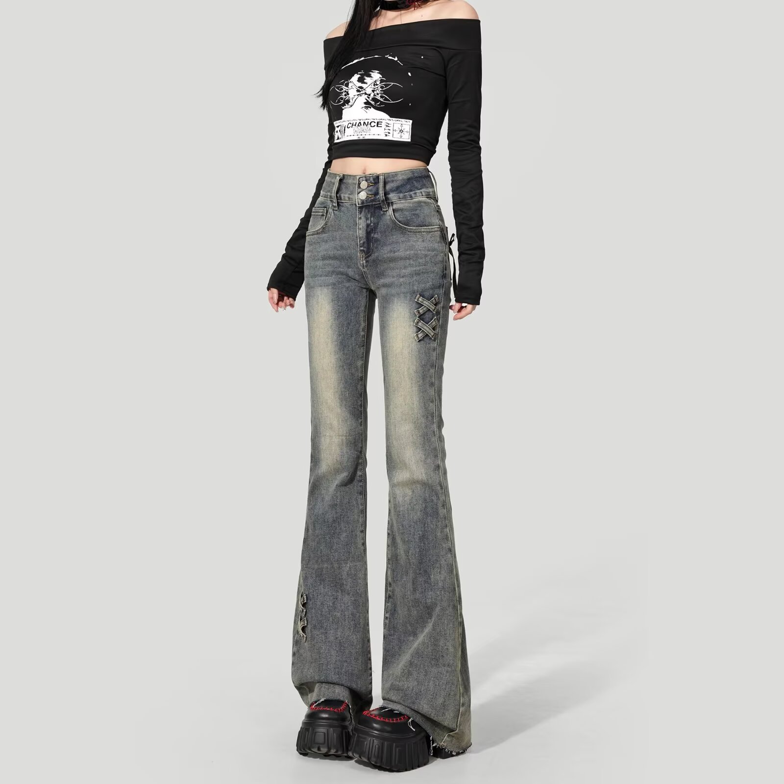 蝴蝶结设计修身显瘦微喇牛仔裤女春季美式高腰弹力马蹄喇叭裤