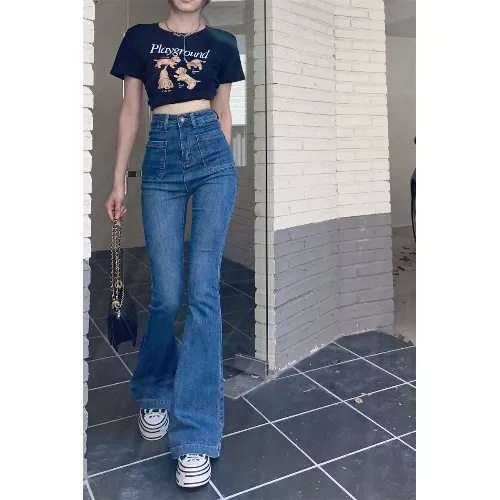 高腰马蹄微喇叭牛仔裤女春秋季新款宽松显瘦小众设计感喇叭裤子潮