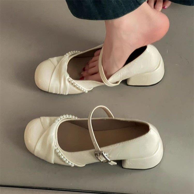 绝美气质珍珠玛丽珍高跟鞋女2025秋季新款芭蕾风粗跟配裙子皮单鞋