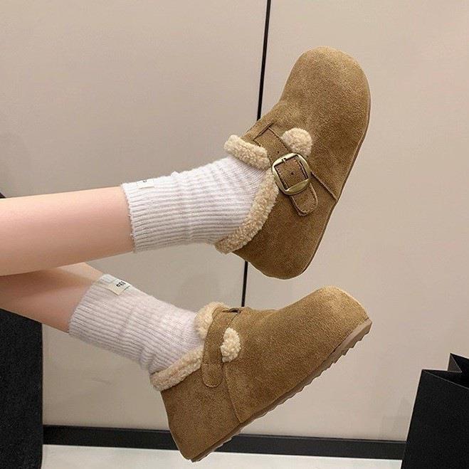 韩版复古森系毛毛鞋女2025冬季新款加厚保暖皮带扣学院风勃肯棉鞋