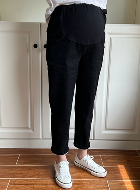 孕之彩秋冬加厚宽松孕妇裤黑色牛仔裤薄绒大码可调显瘦YWK218130