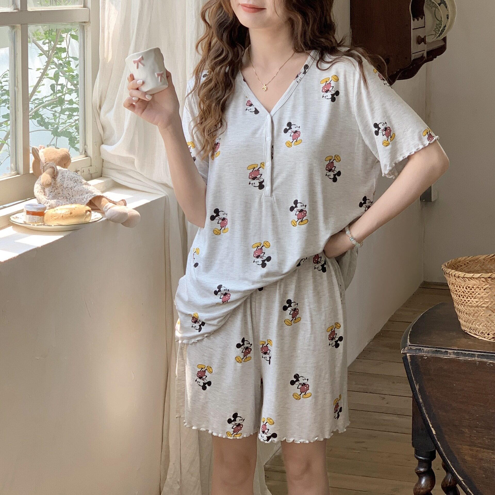 孕产妇夏装短袖短裤家居服睡衣套装莫代尔哺乳带胸垫夏季薄款