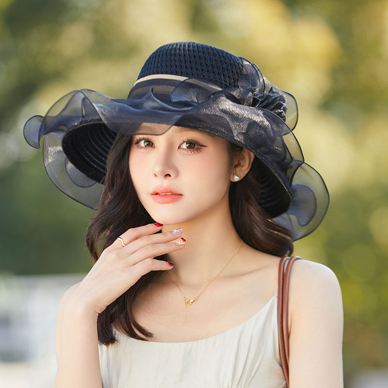 新款欧根纱大檐森系花朵遮阳帽女