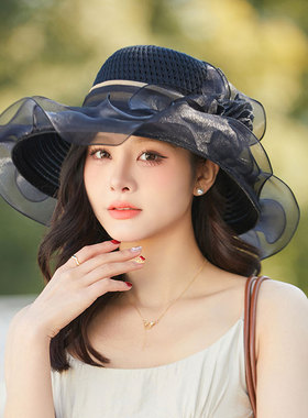 新款欧根纱大檐森系花朵遮阳帽女