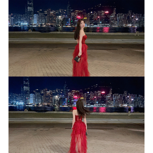 行走 缪斯重蕾丝抹胸网纱蛋糕长裙女神两件套 开门红裙