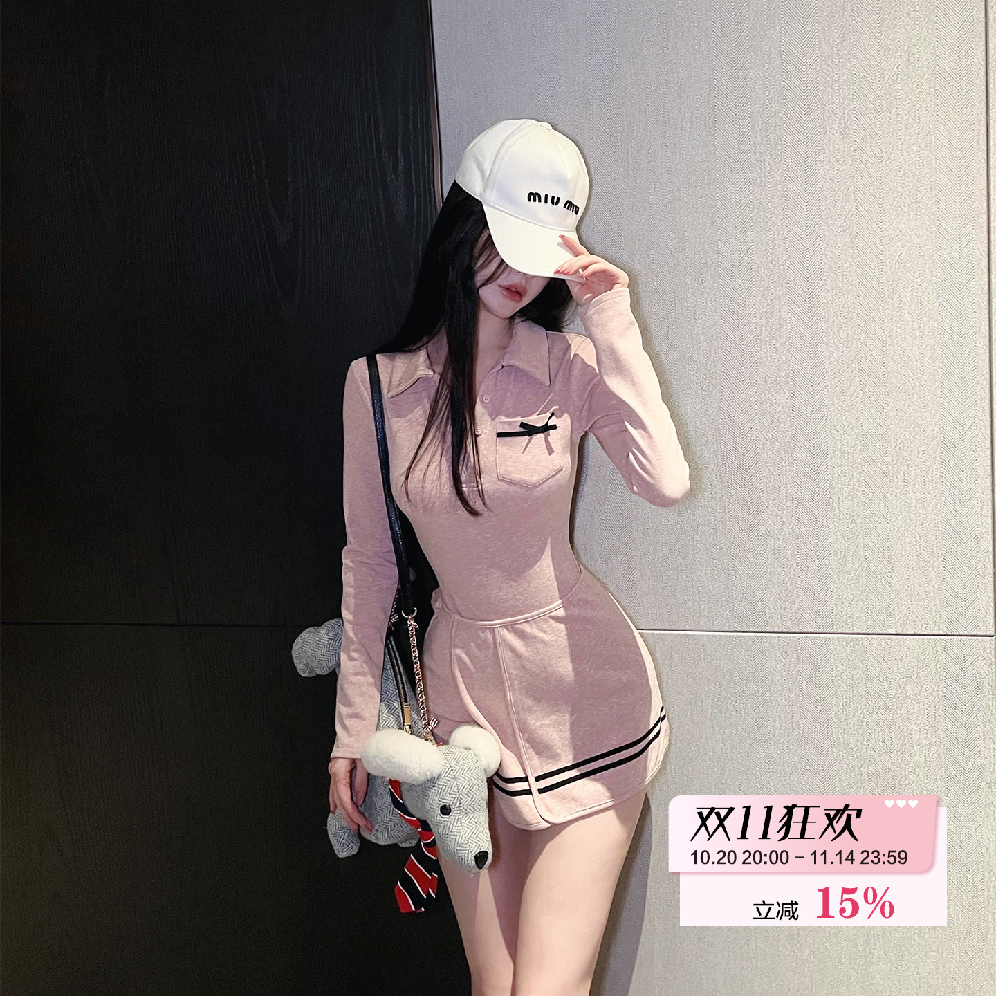 熊熊屋【少女曲线】谬谬风格假两件修身polo领围裙连体裙裤