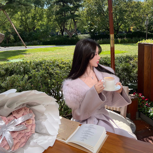 熊熊屋 温柔显嫩2米850g澳洲羊毛双面尼狐狸毛领大衣 星黛露紫