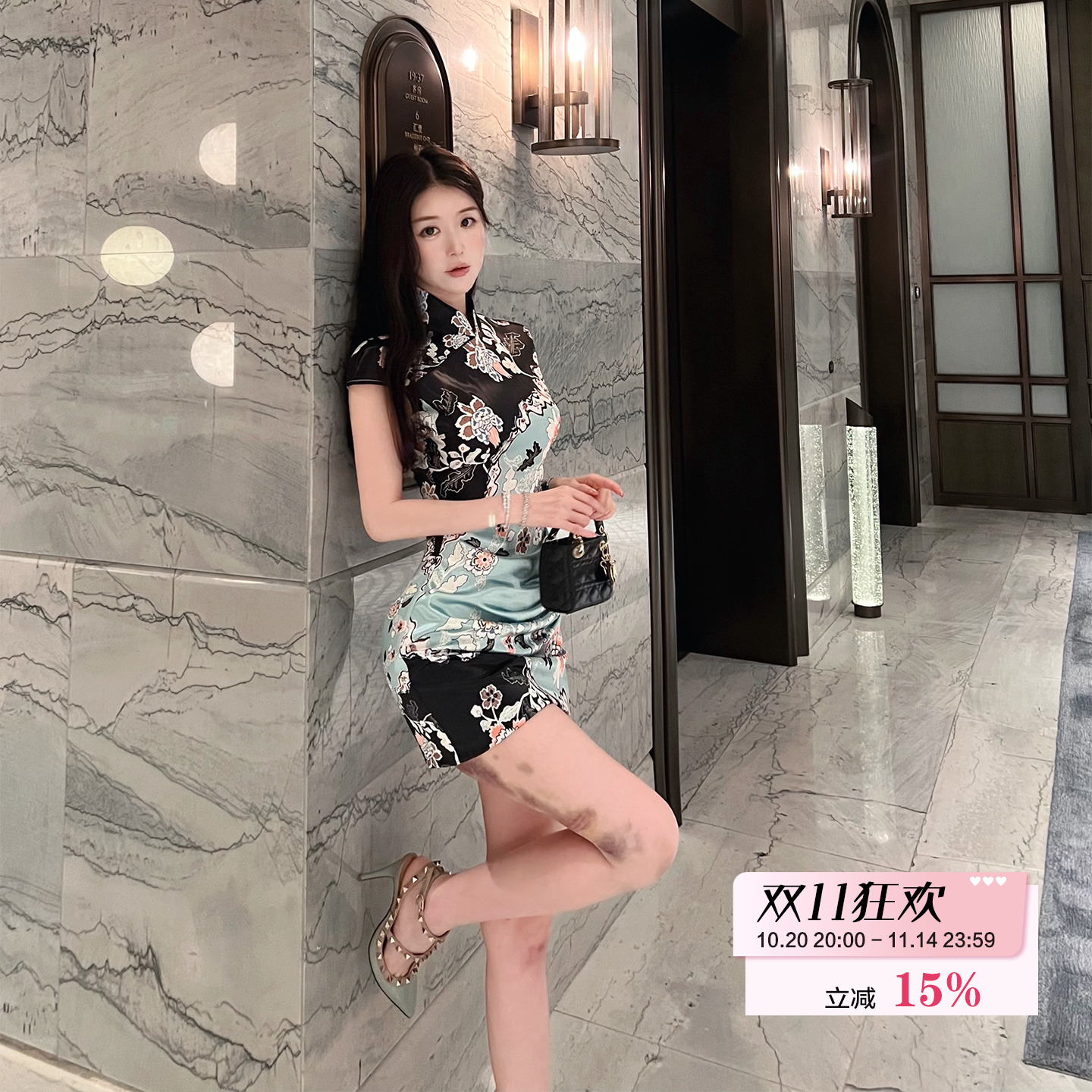 熊熊【水墨丹青】易梦玲同款 复古缎面 du家超绝腰臀比旗袍连衣裙