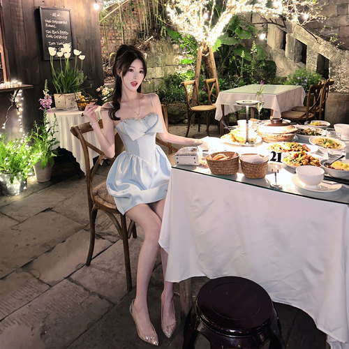 熊熊屋【蓝调圆舞】千金风 露思同款翻领胸杯收腰花苞连衣裙