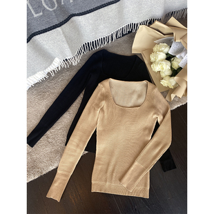 方领针织万能打底竖坑条上衣 bear熊熊屋弹力修身