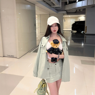 外套 蜜瓜色系宽松牛仔衬衫 中腰包臀牛仔半裙 街头chill 熊熊屋