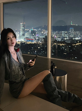 bear熊熊屋【古早辣妹】天仙同款牛仔V领花朵外套包臀裙裤套装女