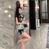 du家超绝腰臀比旗袍连衣裙 易梦玲同款 水墨丹青 复古缎面 熊熊