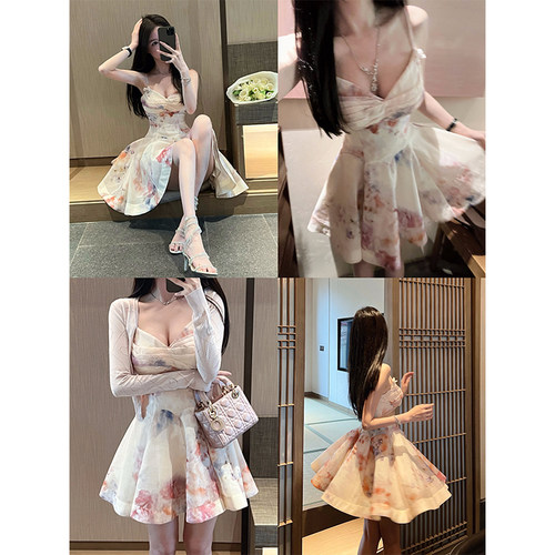 bear熊熊屋【蓝粉花楹】唯美蓝长裙 俏皮粉短裙 夏季碎花连衣裙女