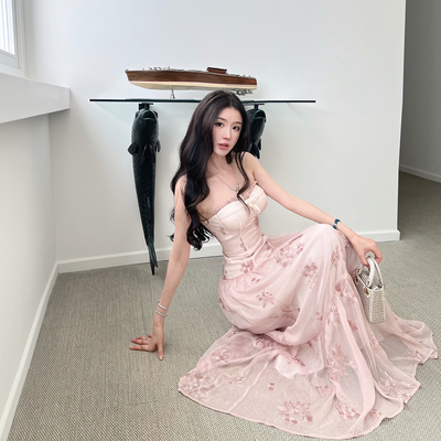 熊熊【花影霓裳】原创款防真丝绣花雪纺花边蝴蝶结抹胸吊带连衣裙