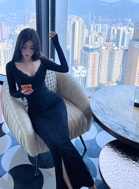 熊熊屋【天生超模】女神sk1m*假两件蕾丝bra修身包臀连衣裙长裙