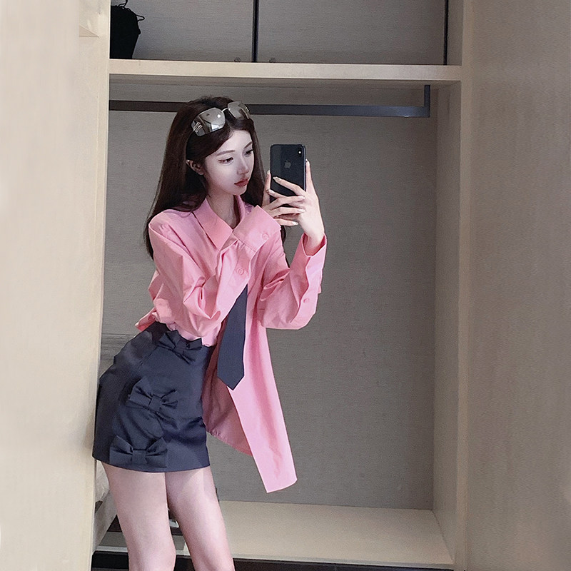 熊熊屋【叛逆校花】甜酷派粉色宽松大衬衫手工蝴蝶结短裙领带jk
