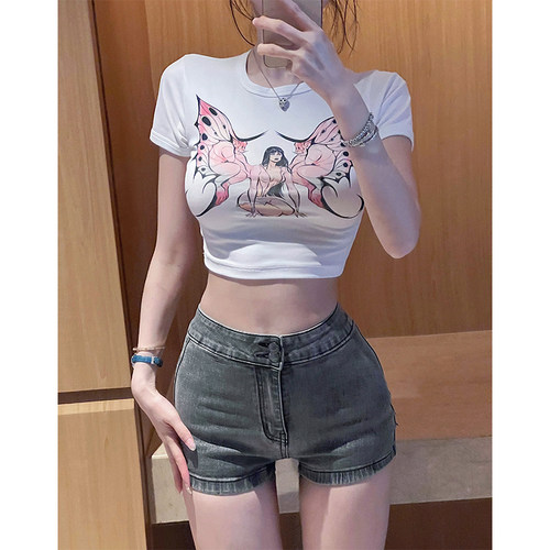 bear熊熊屋【恶魔羽翼】蝴蝶翅膀辣妹短款露腰短小紧棉质T恤