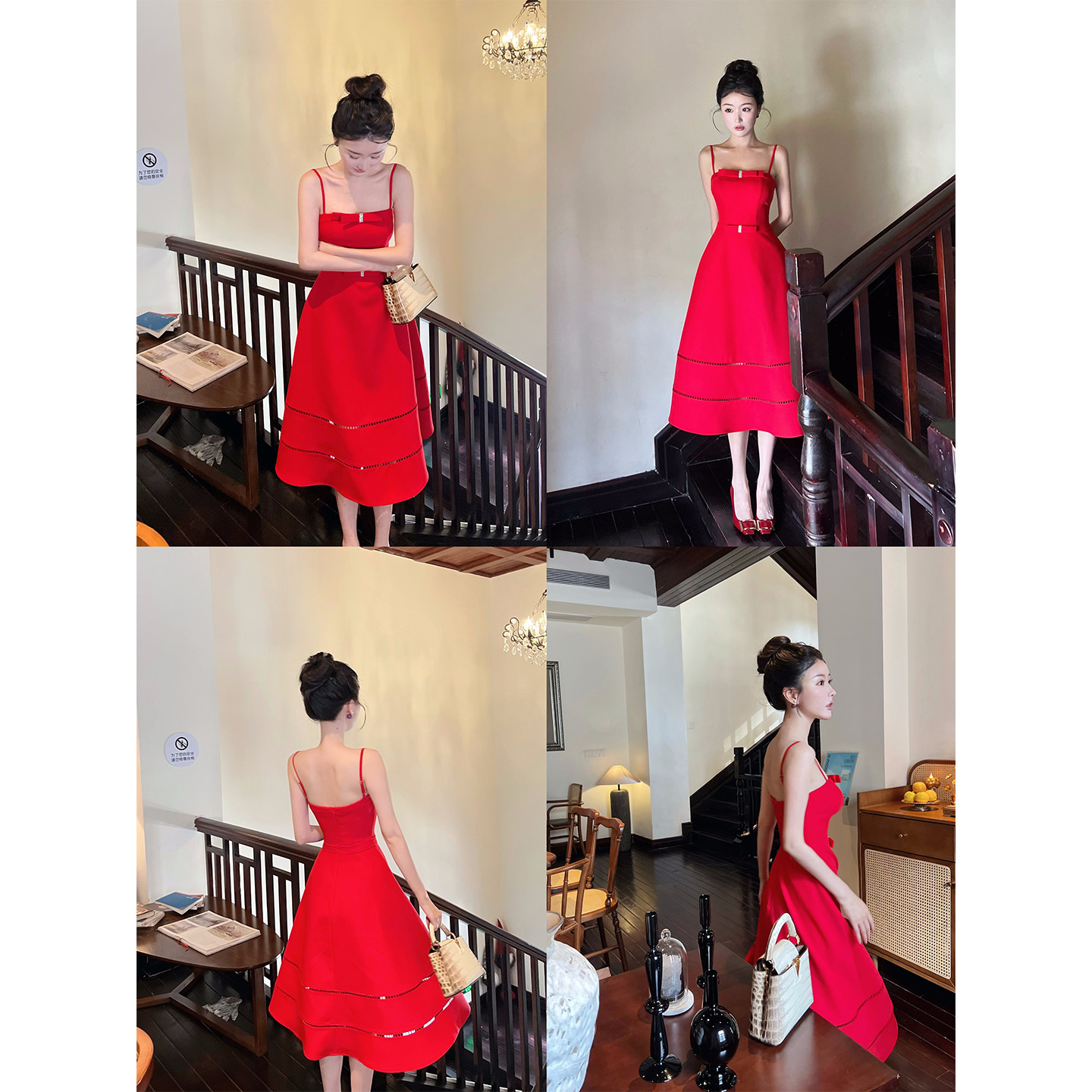 【娇憨千金】红/蓝两色斜纹西装立体收腰蝴蝶结镂空吊带连衣裙