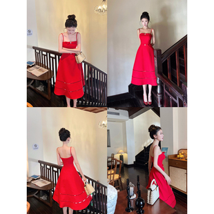 红 蓝两色斜纹西装 立体收腰蝴蝶结镂空吊带连衣裙 娇憨千金