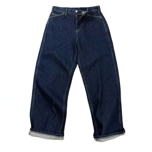 厚料男女显瘦百搭靛蓝原色长裤 美式 复古水洗宽松直筒阔腿牛仔裤