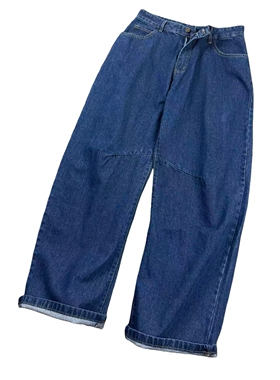 出韩单 靛蓝色厚料随意慵懒弯刀阔腿嘻哈牛仔裤 日系街头百搭长裤