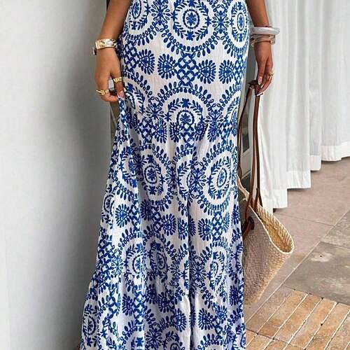 Women's Elastic Waist Fitted Long Maxi Print Skirt  Casual