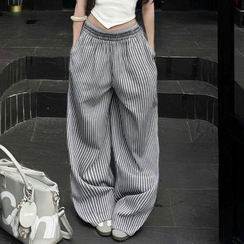 Women's Loose Fit Striped Elastic Waist Pants Casual