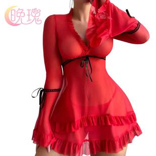Women Naughty Lingerie Babydoll Sheer V-Neck Ruffles
