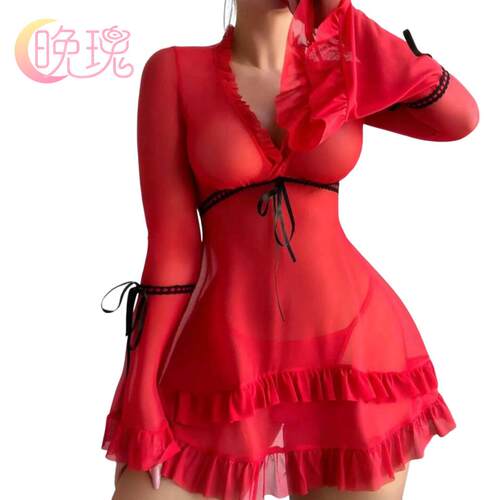 Women Naughty Lingerie Babydoll Sheer V-Neck Ruffles