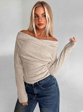Solid Off Shoulder Pullover Sweater Casual Long Sleeve