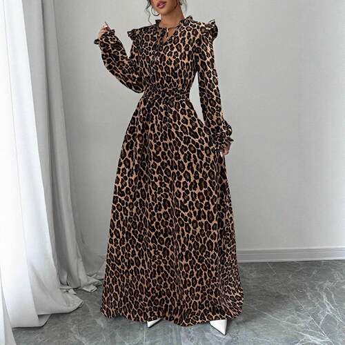 Leopard Print Long Dress High Waist A-Line Sleeve Design