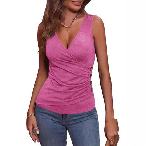 Womens 3 Counts Plain Wrap Ruched Fake Buttons Tank Top