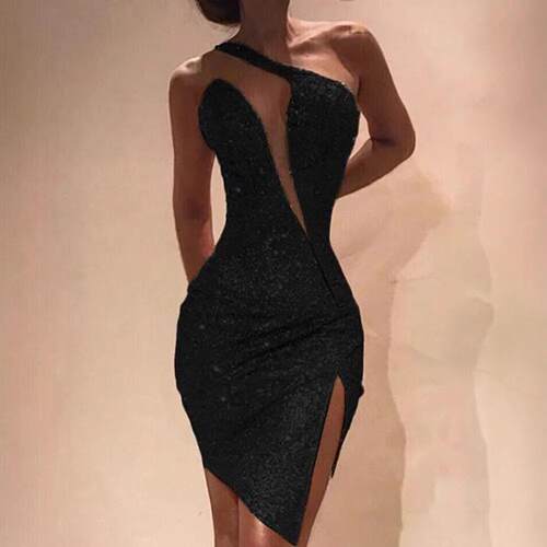 Sleeveless Irregular Designer Dress Slant Neck Sequin Hip