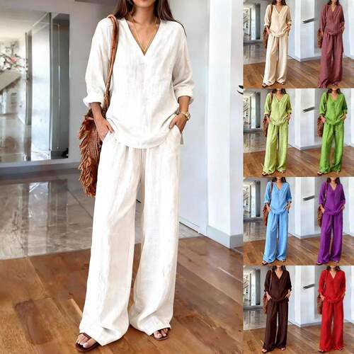 Women's 2-Piece Set Thin Casual Long Pants  V-Neck Loose