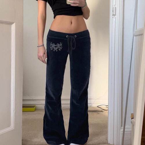 Vintage Y2K Heart Rhinestone Veet Low Waist Flare Pants