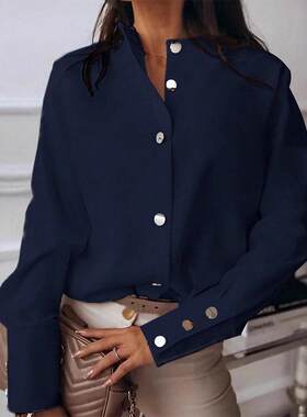 Women's solid color fashionable casual button-down shirt