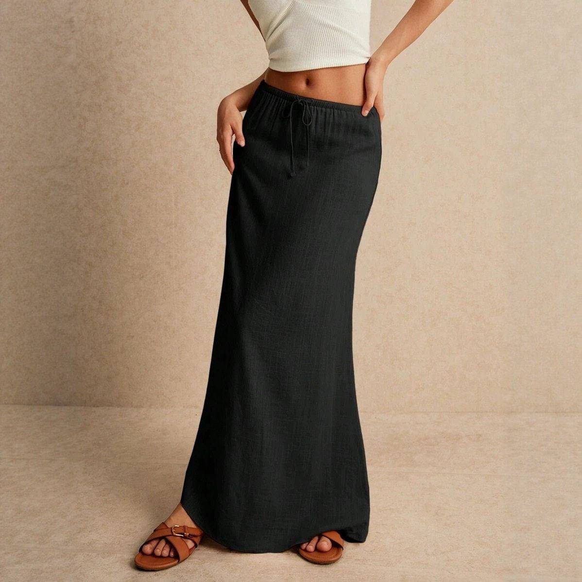 A women's white drawstring high-waist long Maxi skirt图片