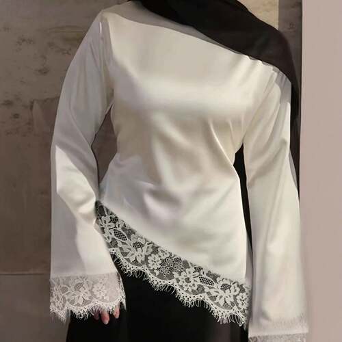 Women White Satin Blouse Long Sleeve Lace Trim Bell Sleeve