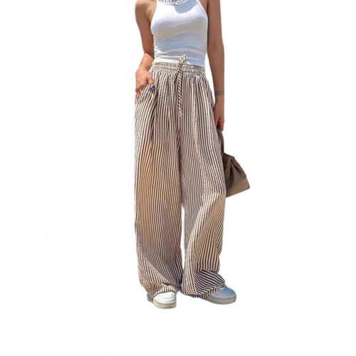 Women's Striped Print Woven Drawstring Waist Wide Leg Pants