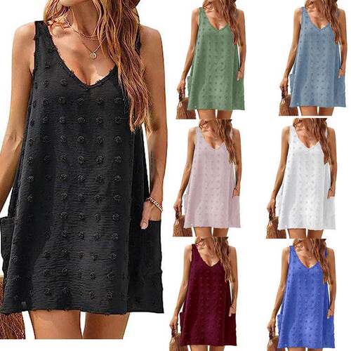 Women's Woven Swiss Polka Dot V-Neck Sleeveless Tank Dress -