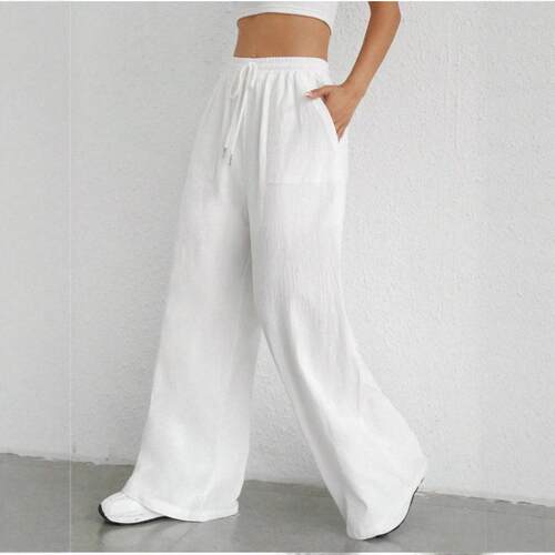 Women's Solid Tie Front Wide Leg Drawstring Pants  Casual