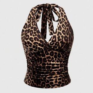 Women's Solid Color/leopard Print Tie Shoulder Cami Top