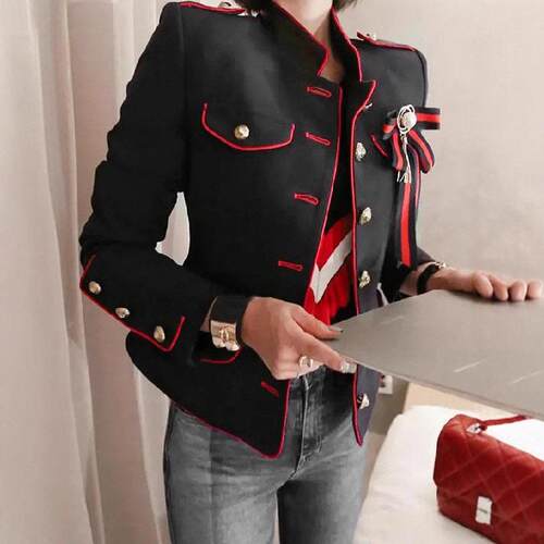 Women's Contrast Binding Button Front Jacket Coats Elegant