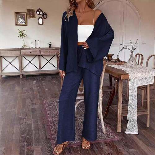 Pure Color Chic Casual Holiday Long Sleeve Wide Leg Pants