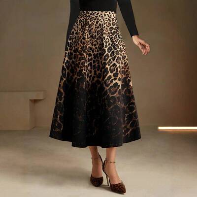 Women's Leopard Print Vintage Midi Skirt  Elastic Waistband
