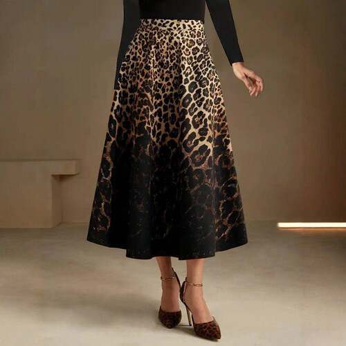 Women's Leopard Print Vintage Midi Skirt  Elastic Waistband