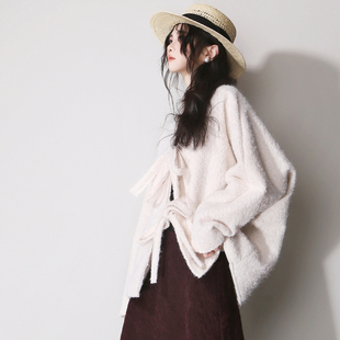 E30廓形落肩宽松显瘦V领蝴蝶结系带流苏减龄宽松复古慵懒毛呢外套