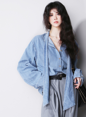 Y84随意造型蝴蝶结系带欧美风宽松显瘦休闲百搭打底长袖牛仔衬衫