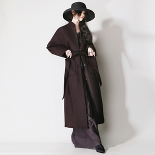 E60双腰带前后打结收腰直筒显高显瘦复古欧美风简约毛呢大衣外套